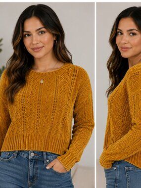 COCO Women’s Mustard Gold Chenille Cable Soft Knit Sweater Size M Long Sleeve
